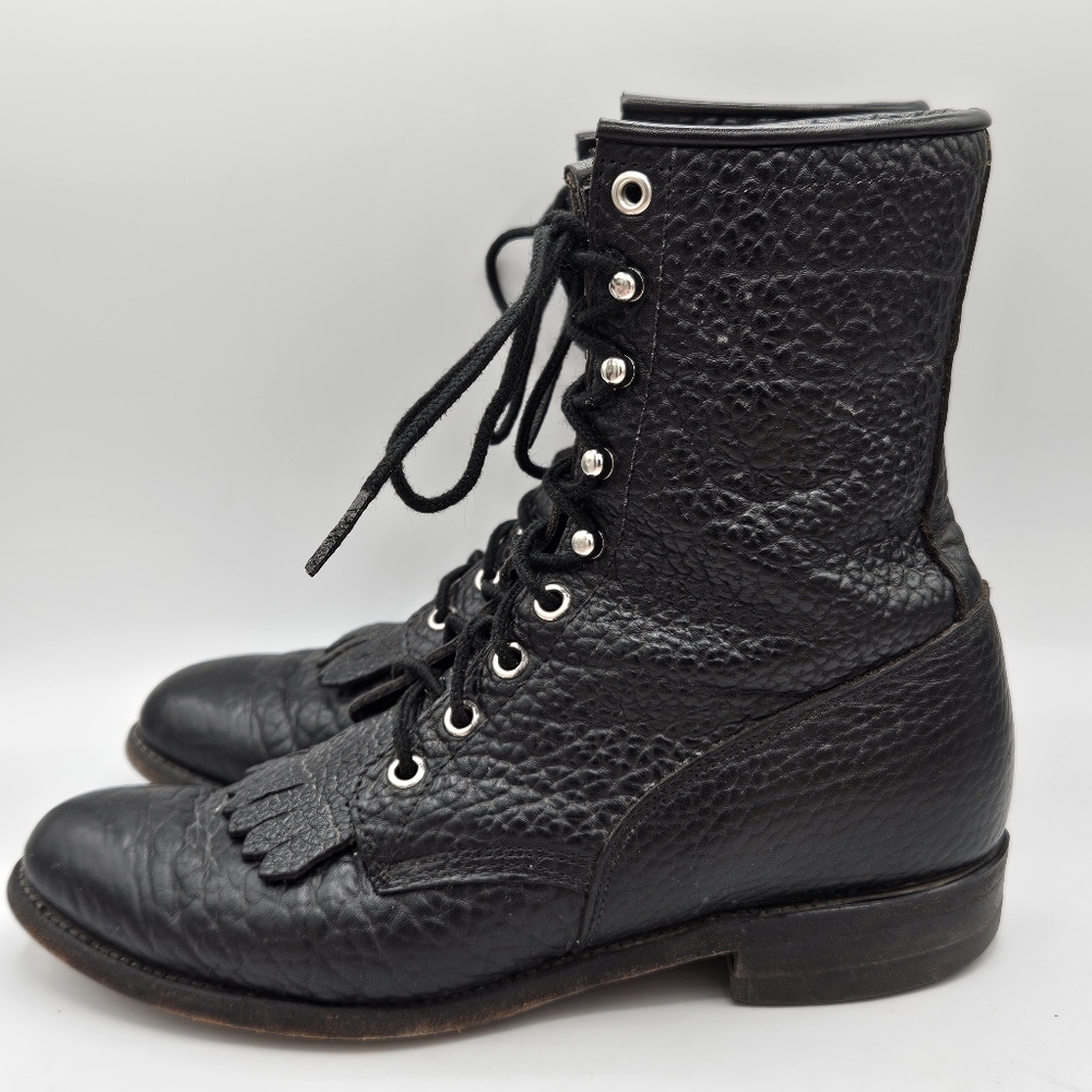 Justin 90s L522 Bullhide Western Lacer Boots  Size 6.5 D Pebbled Black Leather